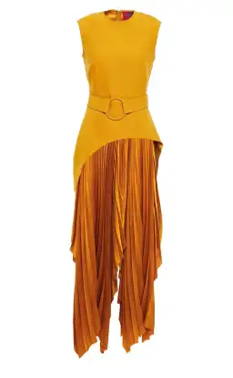 Solace London Belted Crepe-panelled Plissé Satin Maxi Dress Yellow Size 12 for rent on The Volte - image 3