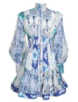Zimmermann Glassy Long Sleeve Mini Dress Spliced Blue Ikat Print Size 0 / AU 8 for rent on The Volte - image 3