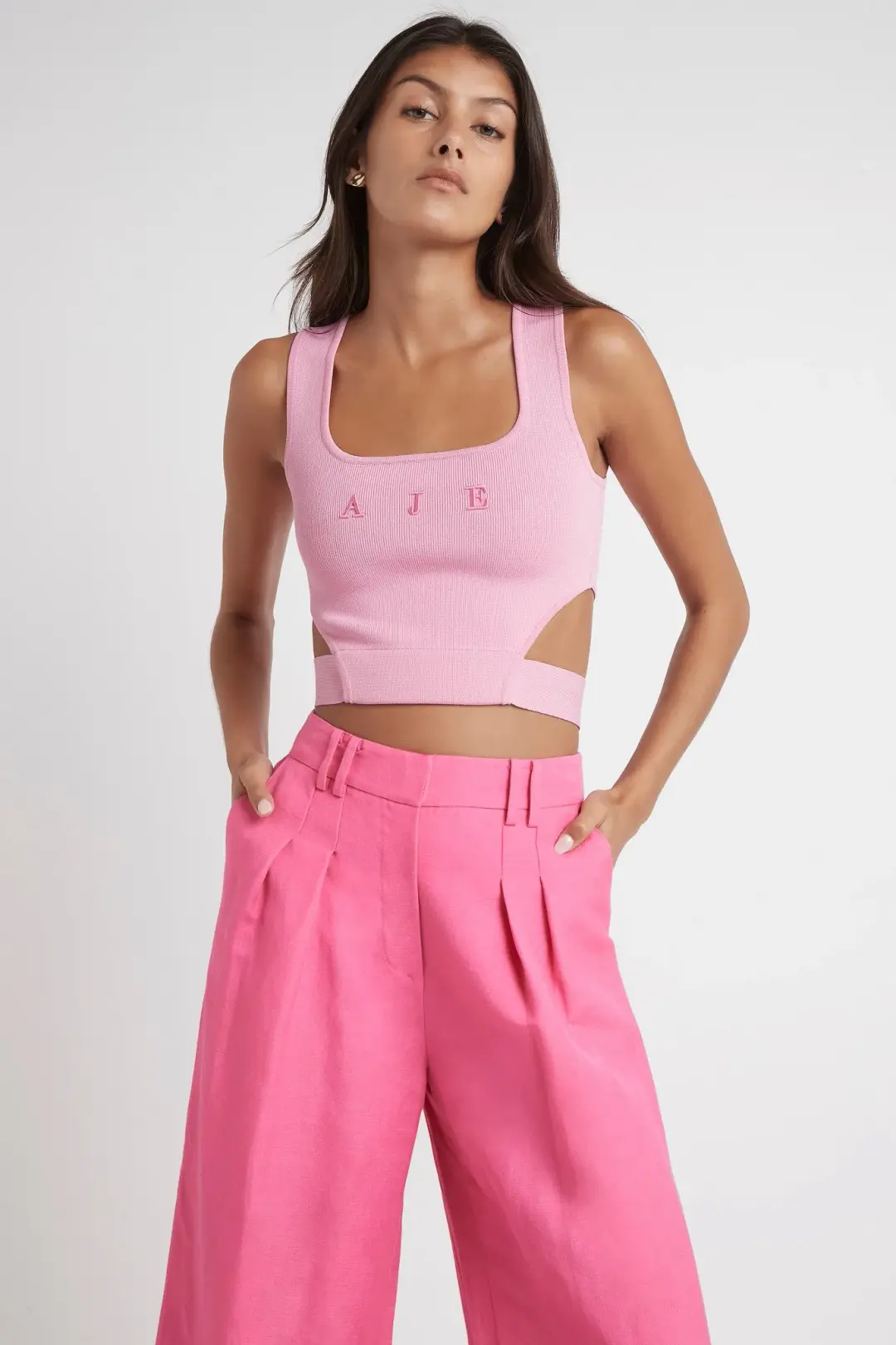 Aje Livadi Cropped Tie Knit Logo Top Pink Size 6 for rent on The Volte - main image