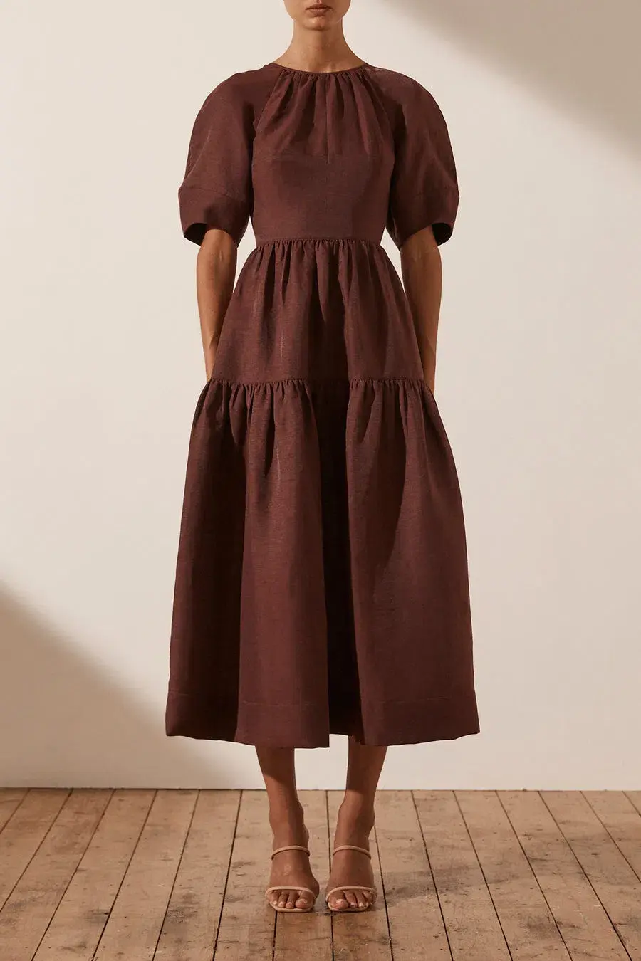 Shona Joy Marlene Short Sleeve Open Back Midi Dress Brown Size 8 for rent on The Volte - main image