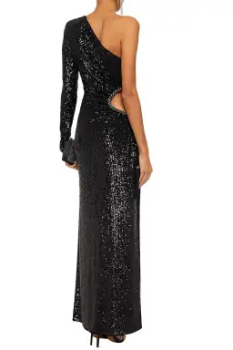 Dundas One Shoulder Cut Out Sequined Tulle Gown Black