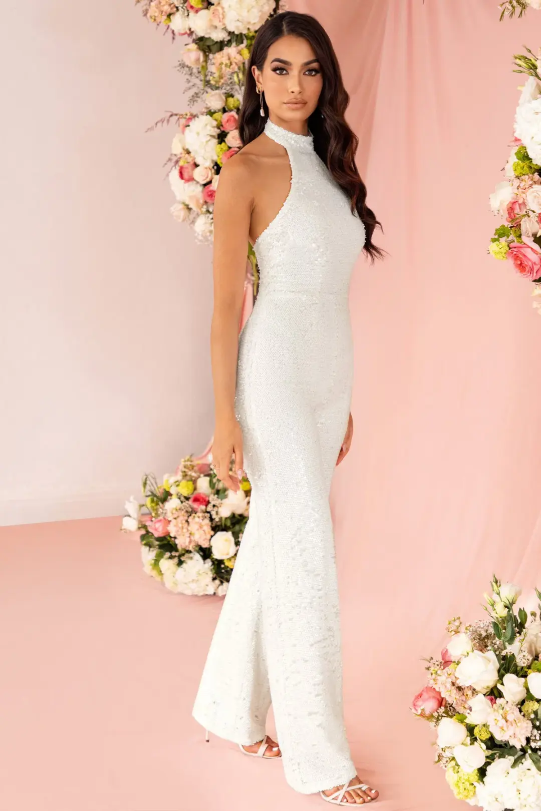 Club L London Make Me Blush Sequin Halter Neck Jumpsuit White Size 8 for rent on The Volte - main image