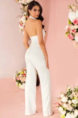 Club L London Make Me Blush Sequin Halter Neck Jumpsuit White Size 8 for rent on The Volte - image 2