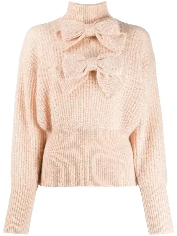 Zimmermann Bow Embellished Ribbed Mohair Blend Turtleneck Sweater Blush Size 0 / AU 8 for rent on The Volte - main image