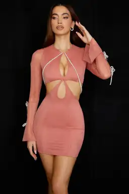 House of CB Miranda Rose Crystal Trim Cut Out Mini Dress Pink Size Medium