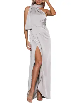 Elle Zeitoune William Satin High Neck Gown Silver Size 10 for rent on The Volte - image 1