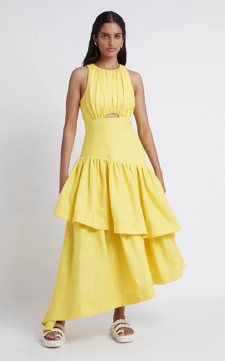 Aje Caliente Cutout Tiered Dress Daisy Yellow Size 12 for rent on The Volte - main image