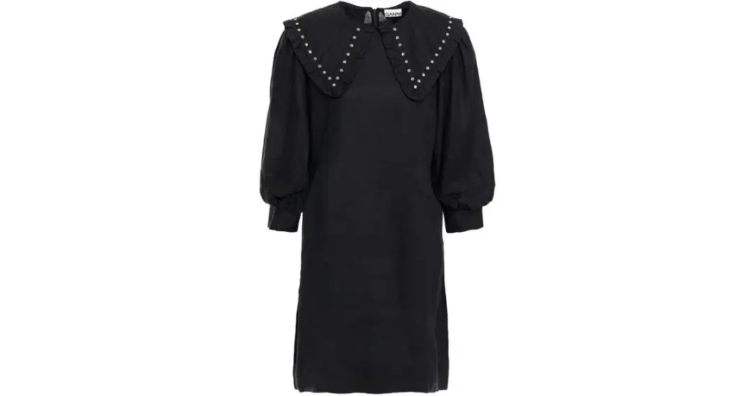 Ganni Studded Linen Mini Dress Black Size 8 for rent on The Volte - main image
