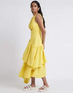 Aje Caliente Tiered Cut Out Midi Dress in Daisy Yellow