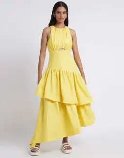 Aje Caliente Tiered Cut Out Midi Dress in Daisy Yellow