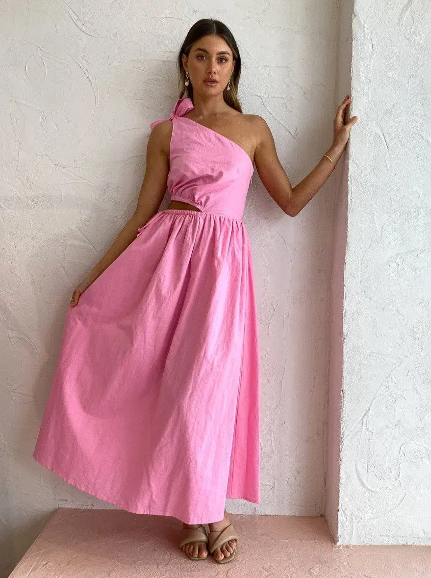 By Nicola Gabriella One Shoulder Midi Dress in Pink Grapefruit Size 6 for rent on The Volte - main image