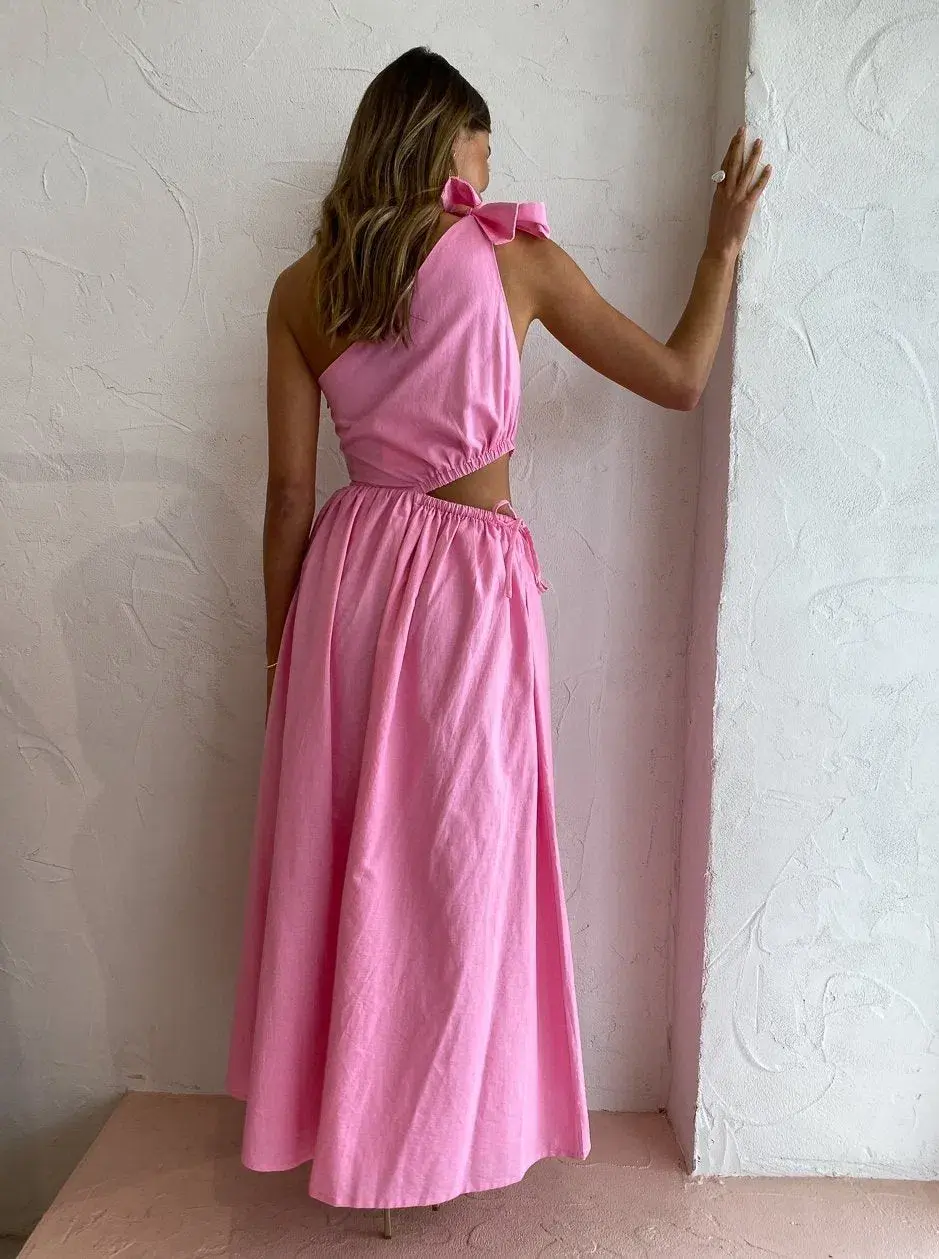 By Nicola Gabriella One Shoulder Midi Dress in Pink Grapefruit Size 6 for rent on The Volte - main image