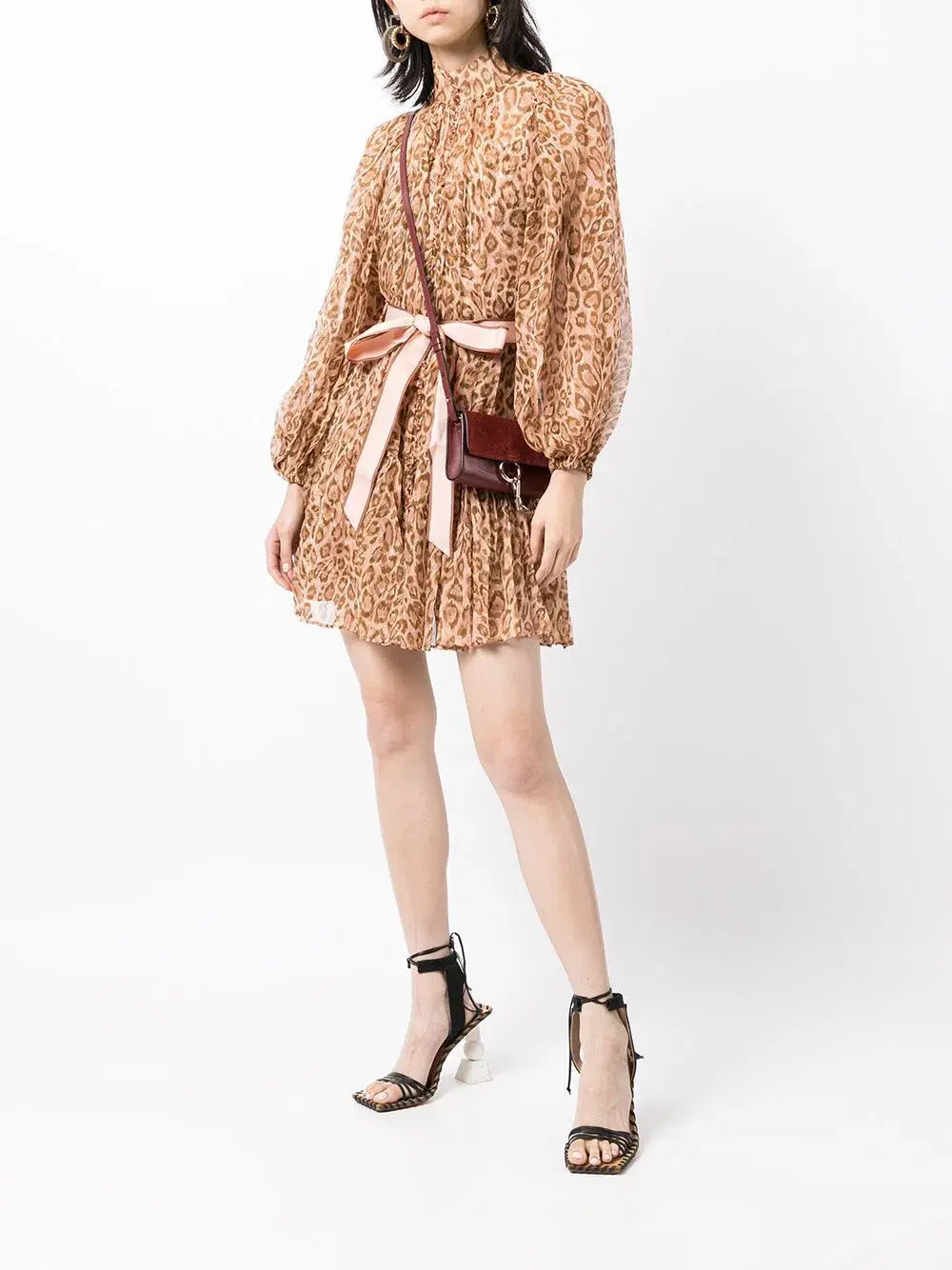 Zimmermann Tempo Bell Sleeve Mini Dress Pink Leopard Print Size 0 / AU 8 for rent on The Volte - main image