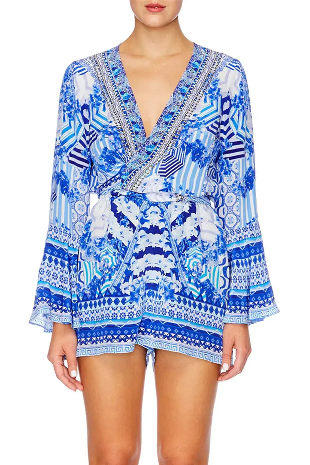 Camilla Throwing Shade Front Tie Playsuit Blue Size 8 for rent on The Volte - main image