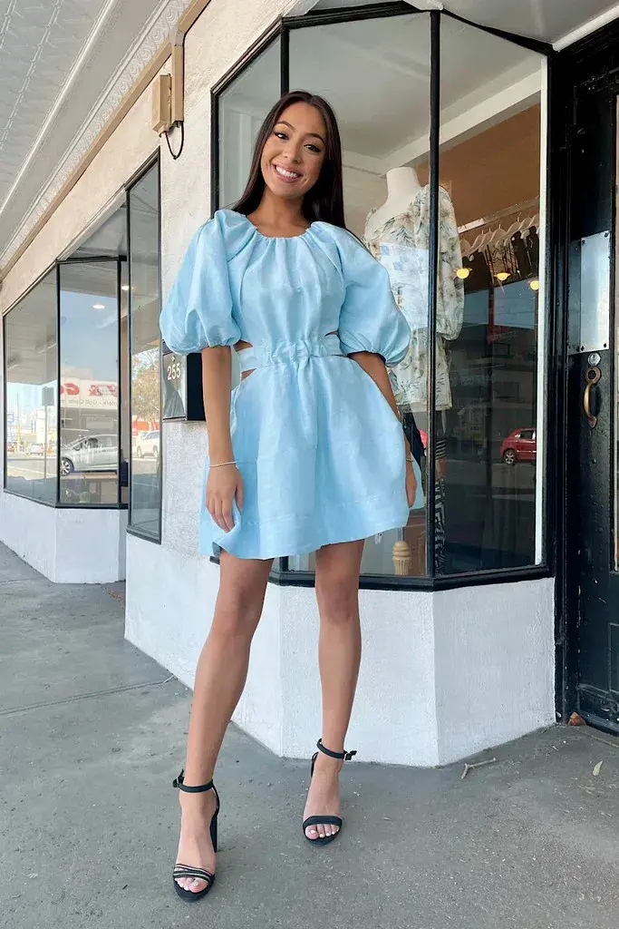 Aje Psychedelia Cut Out Mini Dress in Pale Blue Size 4 for rent on The Volte - main image