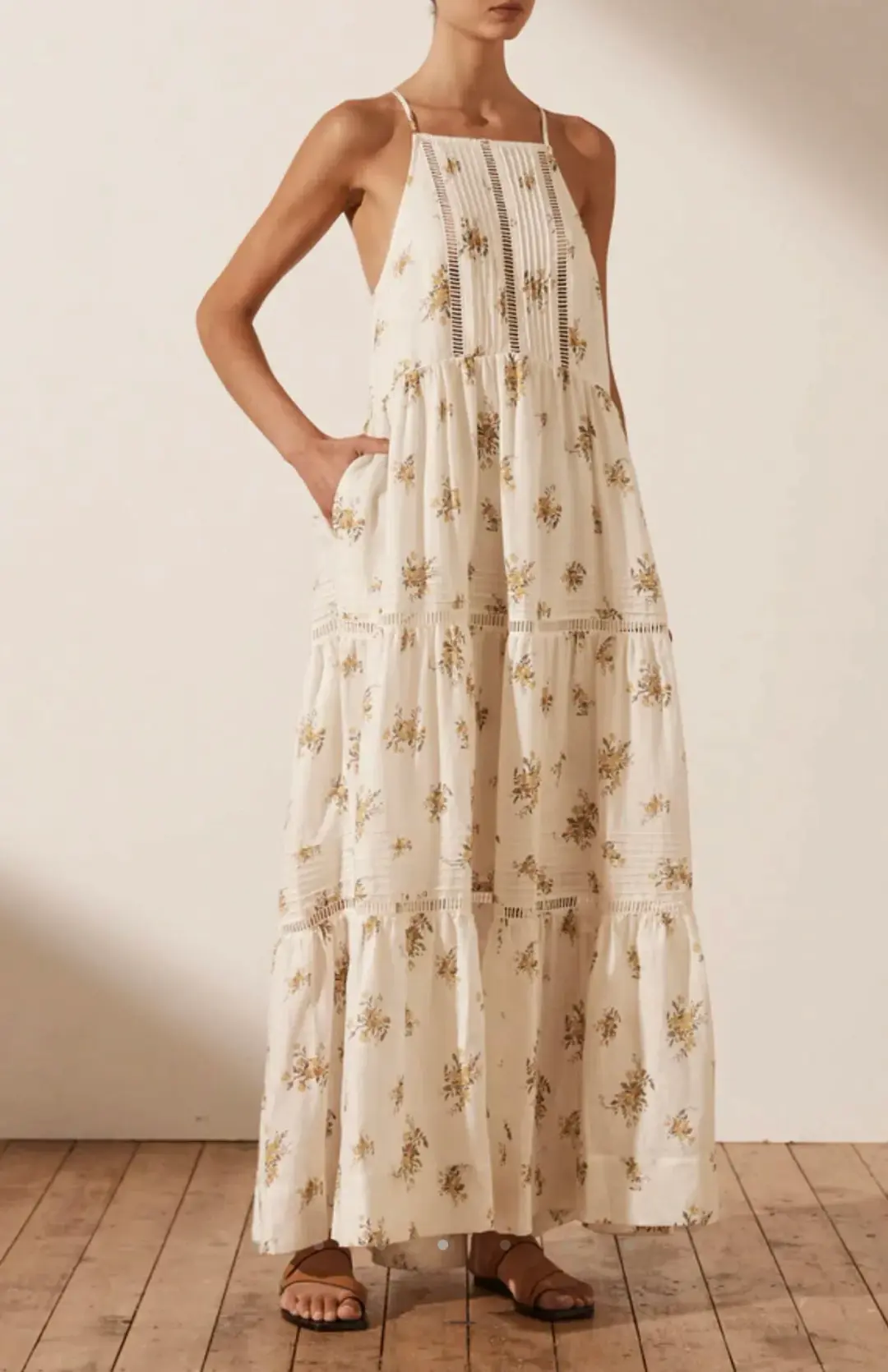 Shona Joy Lila Linen Pin Tuck Sleeveless Maxi Dress Floral Size 10 for rent on The Volte - main image