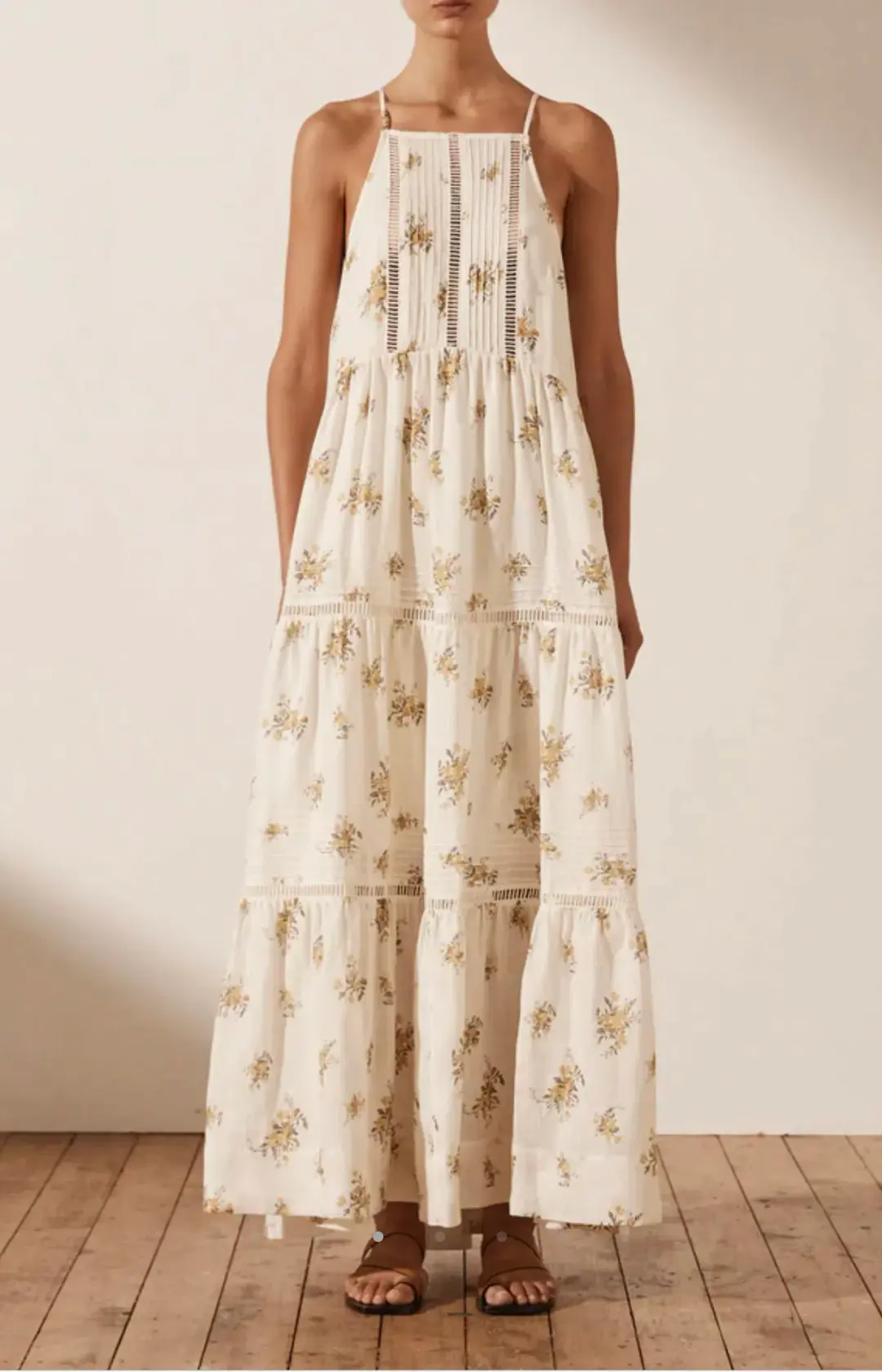 Shona Joy Lila Linen Pin Tuck Sleeveless Maxi Dress Floral Size 10 for rent on The Volte - main image
