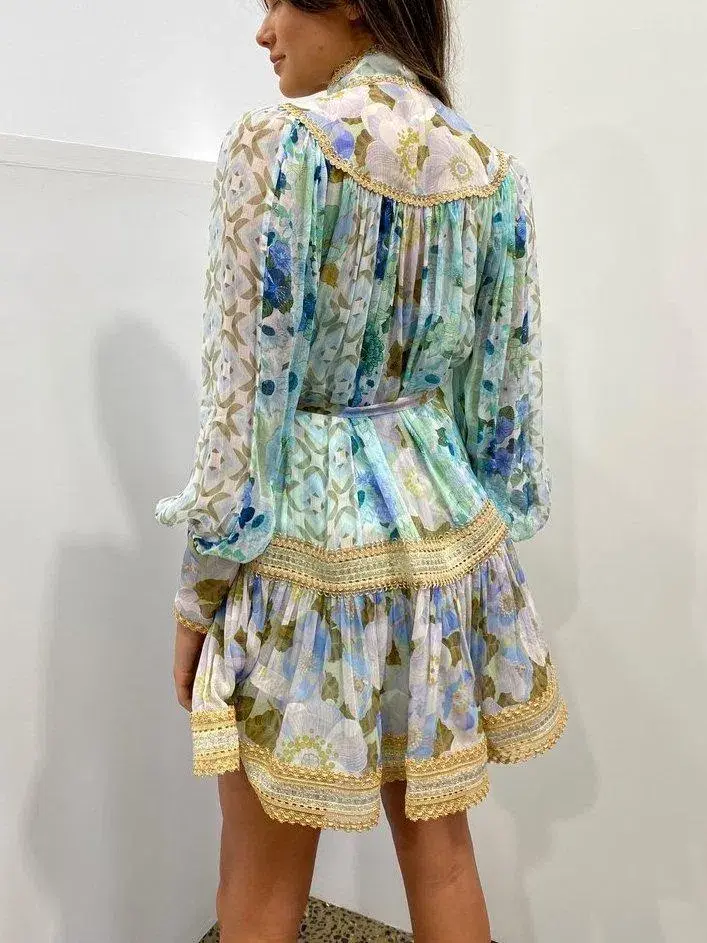 Zimmermann Rhythm Trimmed Billow Mini Dress Aqua Mixed Print Size 8 - Image 2