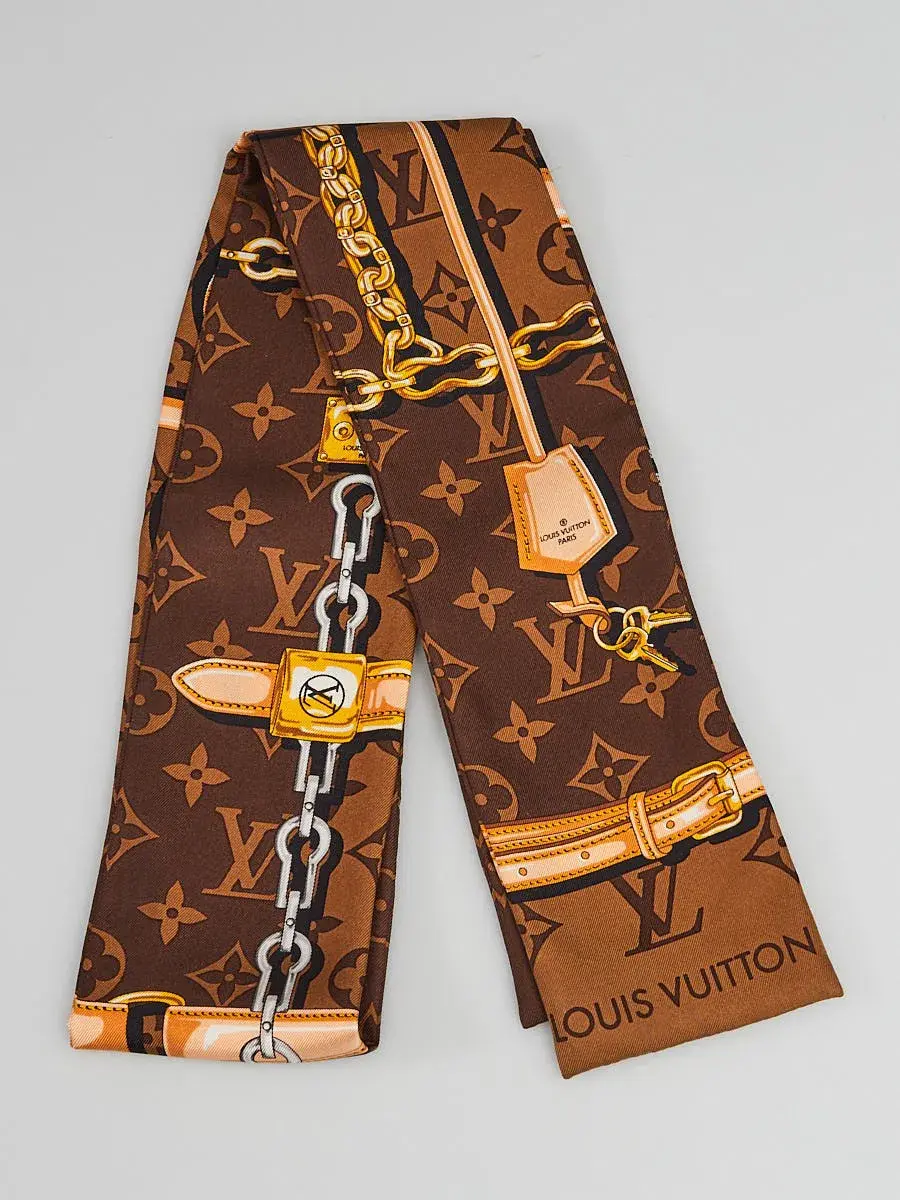 Louis Vuitton Silk Monogram Confidential Bandeau Scarf Brown for rent on The Volte - main image