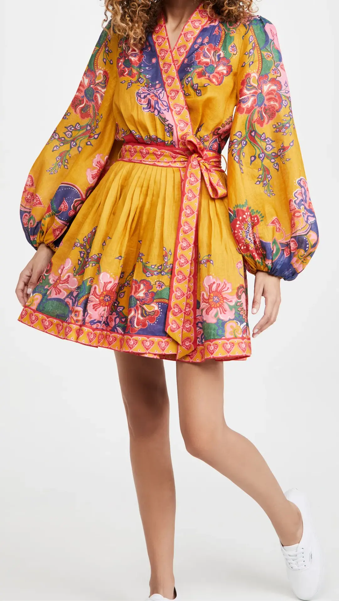 Zimmermann Lovestruck Wrap Mini Dress Gold Paisley Floral Size 3 for rent on The Volte - main image