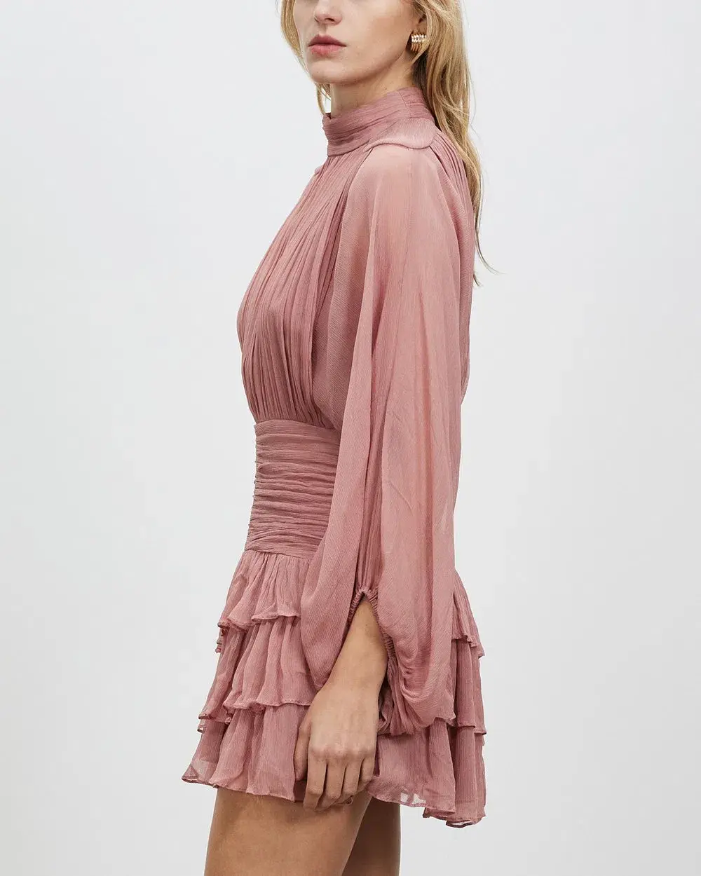 Shona Joy Olympia Long Sleeve Ruched Mini Dress in Antique Rose Pink Size 6 for rent on The Volte - main image