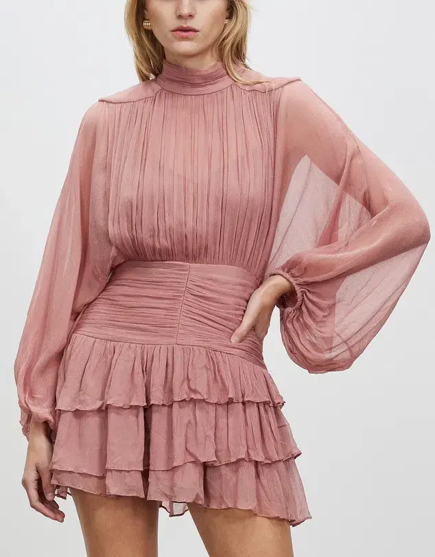 Shona Joy Olympia Long Sleeve Ruched Mini Dress in Antique Rose Pink Size 6 for rent on The Volte - main image