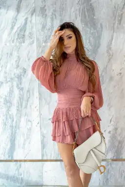 Shona Joy Olympia Long Sleeve Ruched Mini Dress in Antique Rose Pink Size 6 for rent on The Volte - image 1