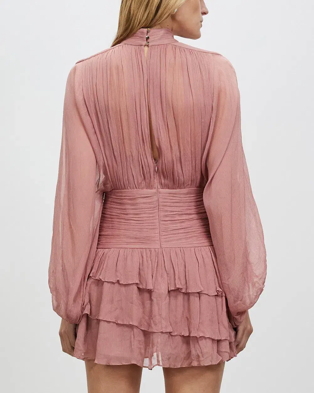 Shona Joy Olympia Long Sleeve Ruched Mini Dress in Antique Rose Pink Size 6 for rent on The Volte - main image