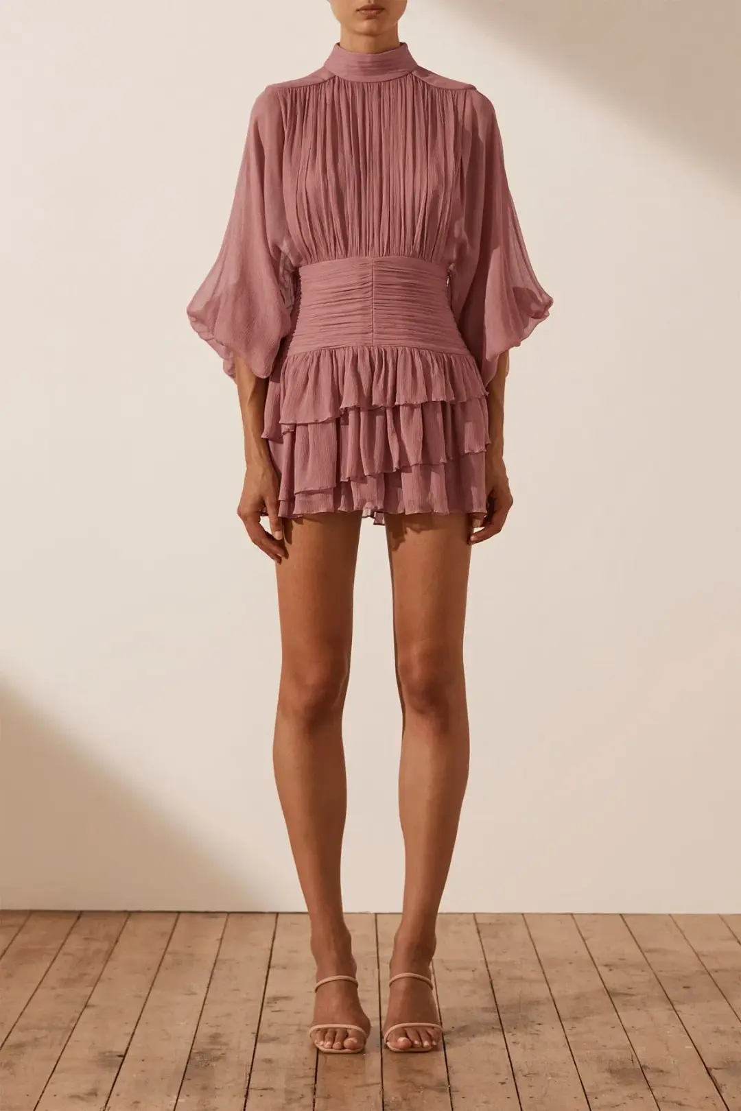Shona Joy Olympia Long Sleeve Ruched Mini Dress in Antique Rose Pink Size 6 for rent on The Volte - main image