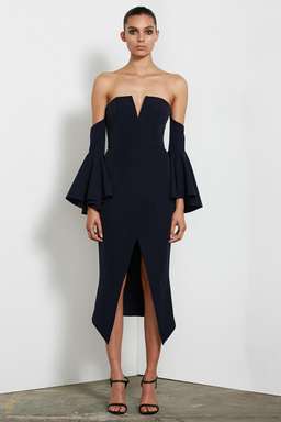 Shona Joy Giselle Bustier Flared Sleeve Dress Navy