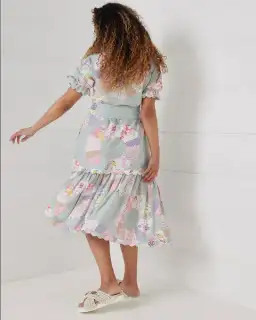 Binny Wheel of Fortune Dress Linen Viscose Maxi Dress in Chambray Patchwork Print