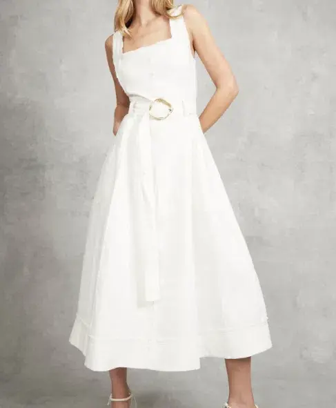 Aje Byblos Linen Belted Midi Dress White Size 6 - Image 1