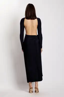 Meshki Christina Backless Maxi Wrap Dress in Navy Shimmer Size 8
