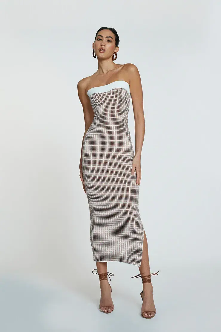 By Johnny Isabella Check Strapless Knit Dress Brown Size XS for rent on The Volte - main image