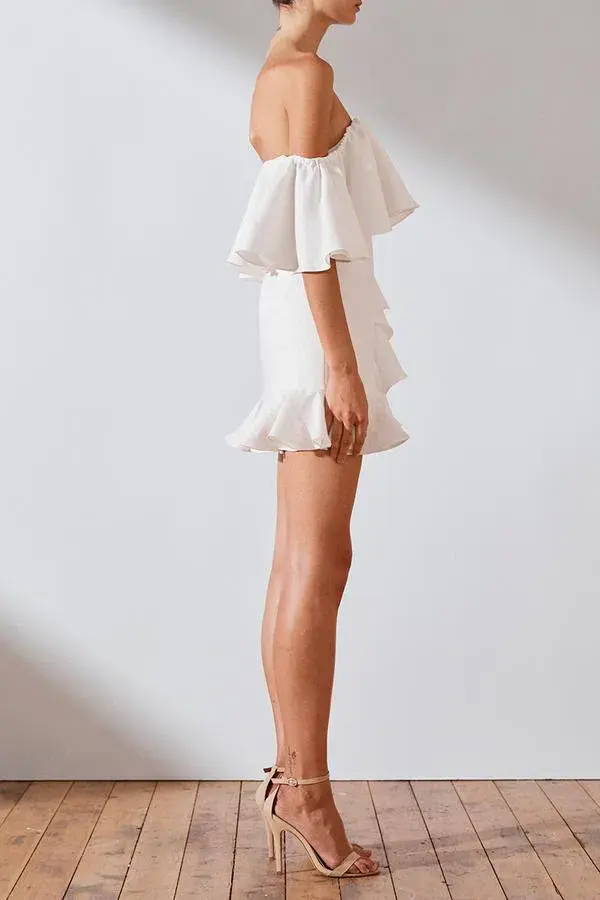Shona Joy Savannah OTS Ruffle Mini Dress White Size 10 for rent on The Volte - main image