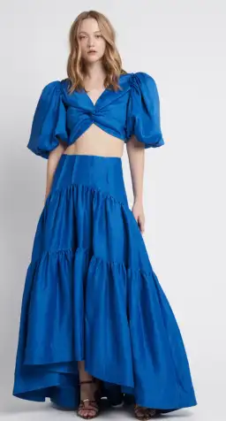 Aje Reverb Puff Sleeve Cropped Top and Gathered Midi Skirt Cobalt Blue Size 14