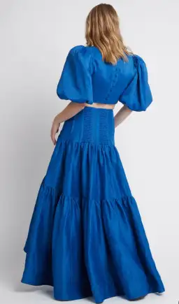 Aje Reverb Puff Sleeve Cropped Top and Gathered Midi Skirt Cobalt Blue Size 14