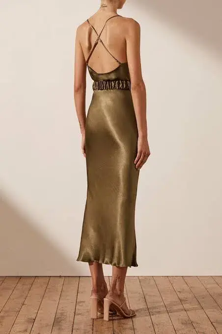 Shona Joy Gala Bias Midi Dress with Belt Warm Olive Green Size 8 for rent on The Volte - main image