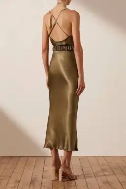 Shona Joy Gala Bias Midi Dress with Belt Warm Olive Green Size 8 for rent on The Volte - image 2