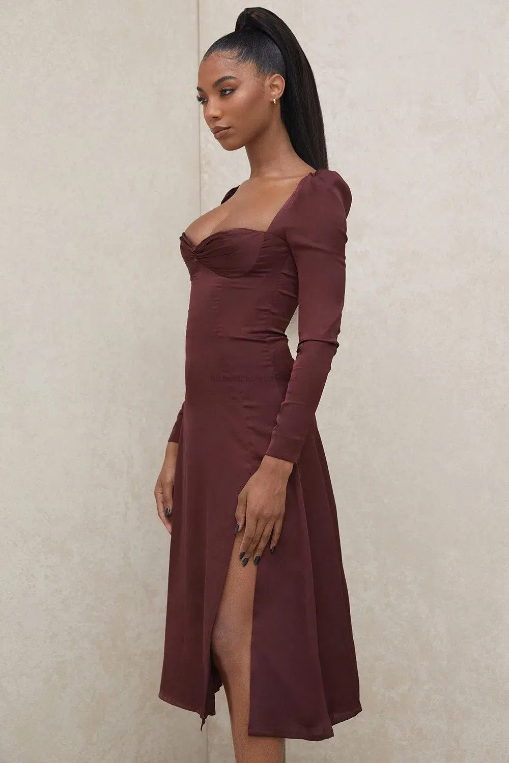 House of CB Arlinda Long Sleeve Midi Dress Brown Size 10 for rent on The Volte - main image