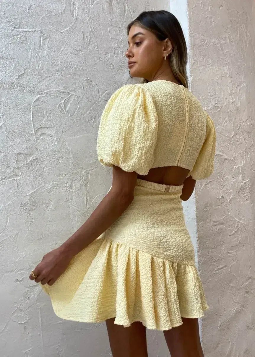 By Nicola Calypso Puff Sleeve Mini Dress Margarita Yellow Size 12 for rent on The Volte - main image