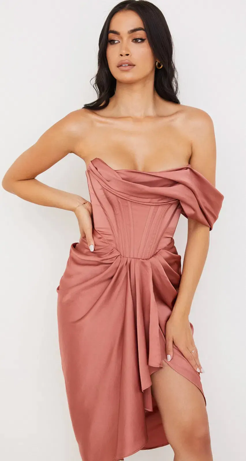 House of CB Janis Rouge Satin One-Shoulder Draped Midi Dress Pink Size 8 for rent on The Volte - main image