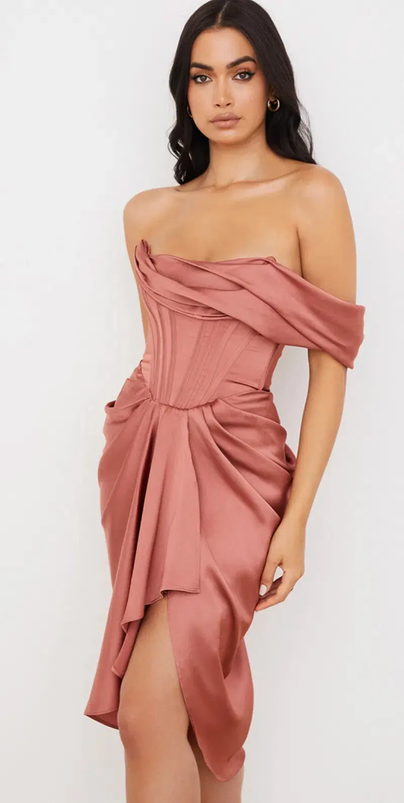 House of CB Janis Rouge Satin One-Shoulder Draped Midi Dress Pink Size 8 for rent on The Volte - main image