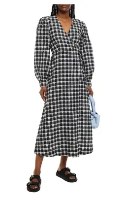 Ganni Seersucker Check Wrap Dress Print Size 8 for rent on The Volte - image 1
