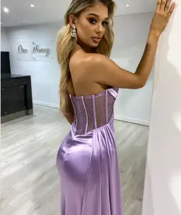 Honey Couture Gigi Corset Sparkle Bustier Strapless Mermaid Gown Dress Purple Size 8 for rent on The Volte - image 2