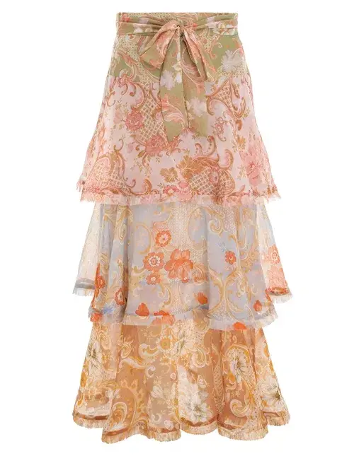 Zimmermann Postcard Flounce Midi Skirt Mixed Swirl Floral Size 1 / AU 10 for rent on The Volte - main image