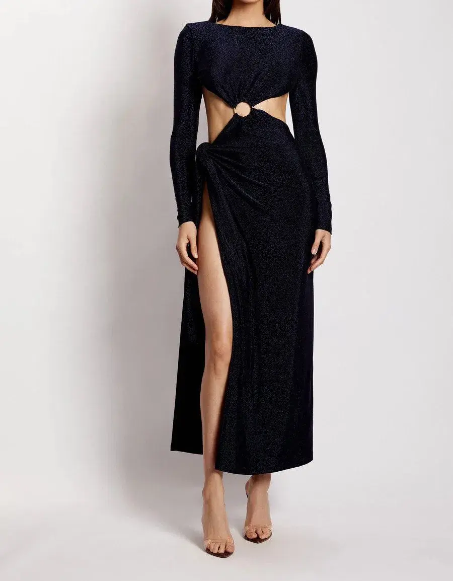 Meshki Christina Backless Maxi Wrap Dress Navy Shimmer Size 6 for rent on The Volte - main image