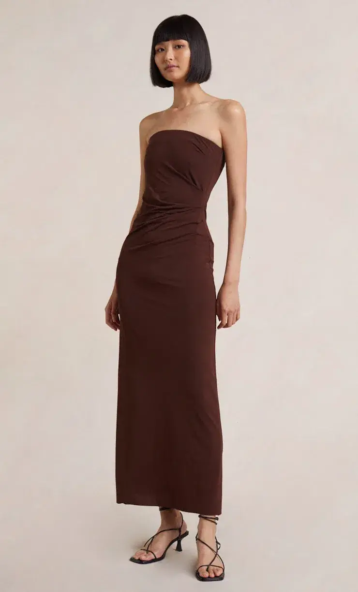 Bec & Bridge Myla Strapless Midi Dress Brown Size 8 for rent on The Volte - main image