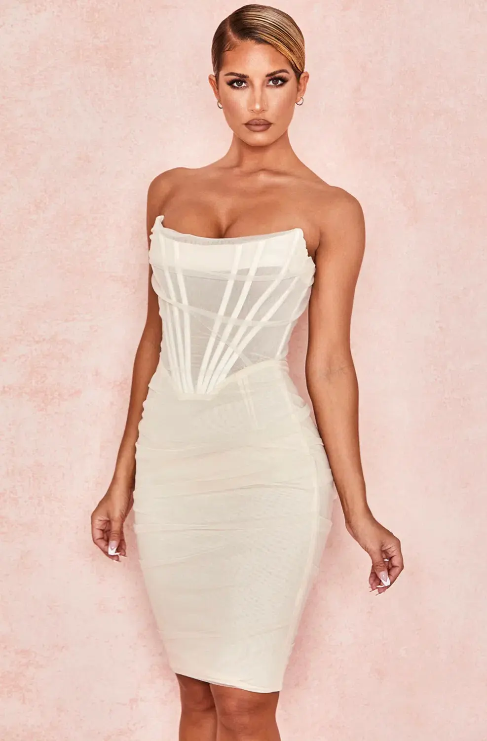 House Of CB Leila Ivory Mesh Strapless Corset Midi Dress White Size S / Au 8 for rent on The Volte - main image
