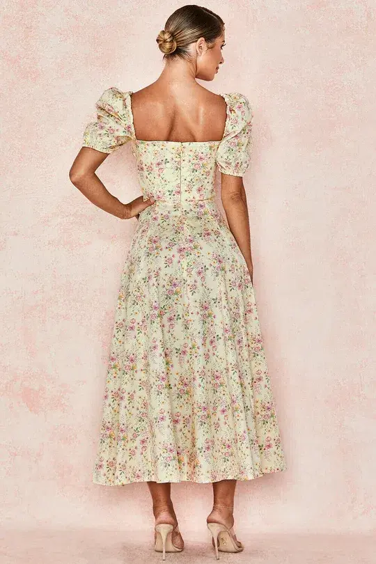 House of CB Tallulah Puff Sleeve Midi Sundress Lemon Floral Size 8 for rent on The Volte - main image